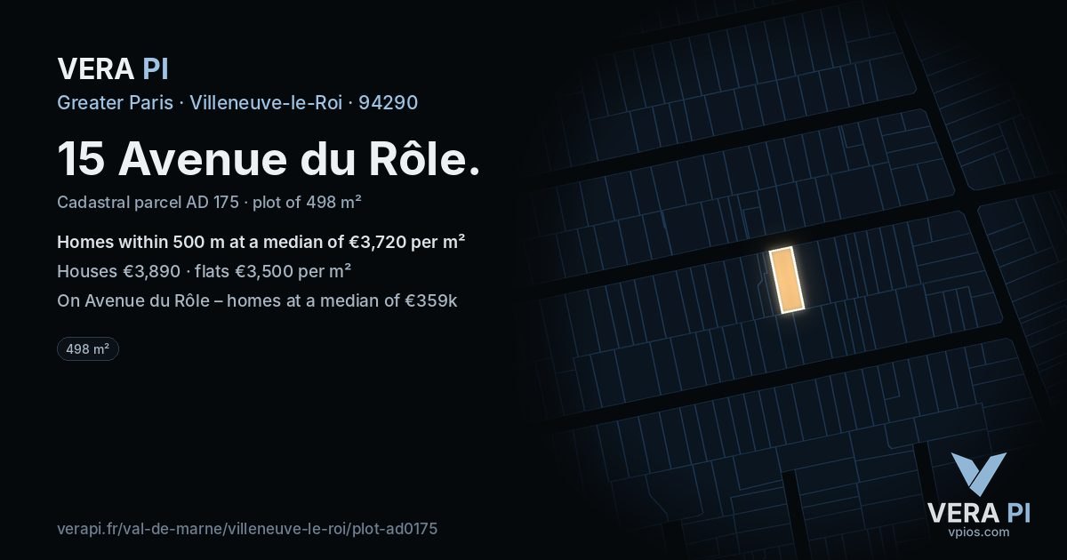 15 Avenue du Rôle, Villeneuve-le-Roi at night – the plot lit, the parcels around coloured by the prices near them