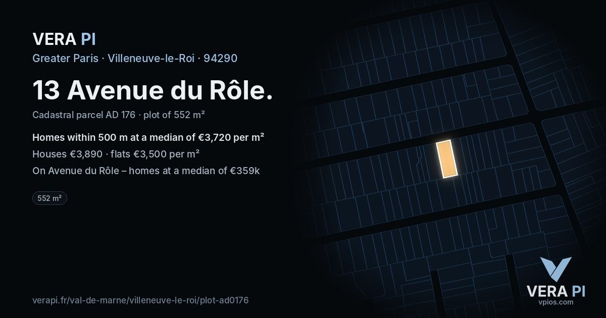 13 Avenue du Rôle, Villeneuve-le-Roi at night – the plot lit, the parcels around coloured by the prices near them