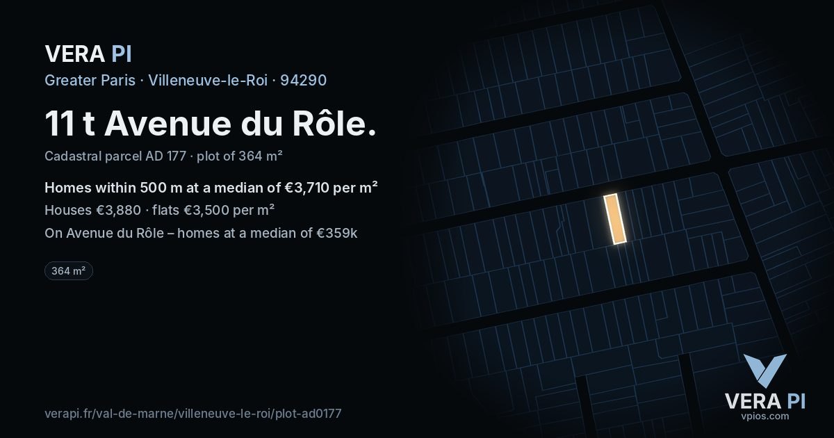 11 t Avenue du Rôle, Villeneuve-le-Roi at night – the plot lit, the parcels around coloured by the prices near them