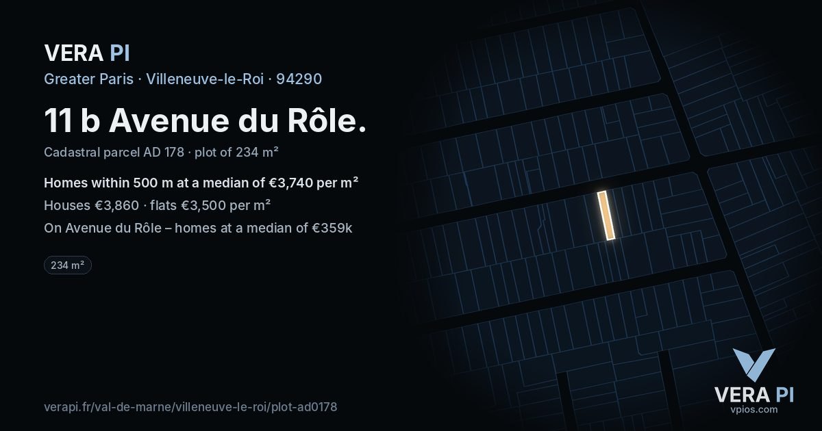 11 b Avenue du Rôle, Villeneuve-le-Roi at night – the plot lit, the parcels around coloured by the prices near them