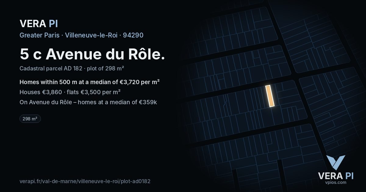 5 c Avenue du Rôle, Villeneuve-le-Roi at night – the plot lit, the parcels around coloured by the prices near them