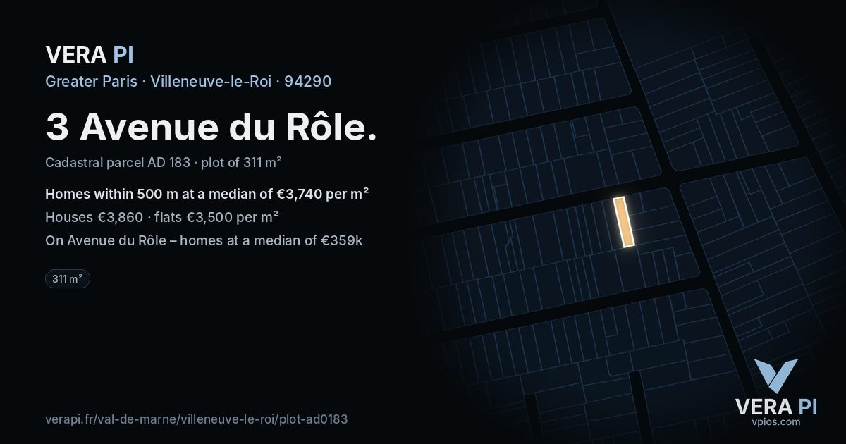 3 Avenue du Rôle, Villeneuve-le-Roi at night – the plot lit, the parcels around coloured by the prices near them