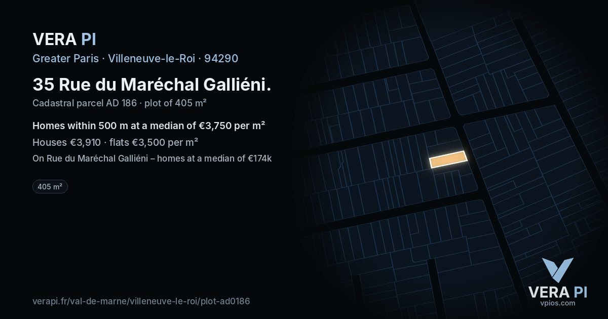 35 Rue du Maréchal Galliéni, Villeneuve-le-Roi at night – the plot lit, the parcels around coloured by the prices near them