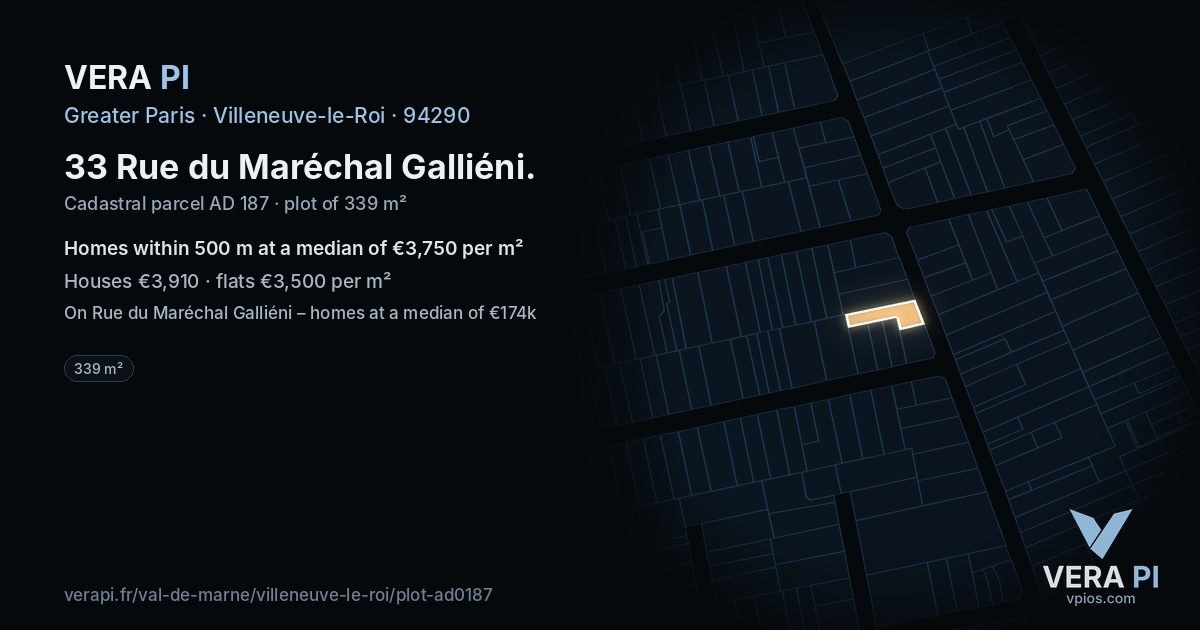 33 Rue du Maréchal Galliéni, Villeneuve-le-Roi at night – the plot lit, the parcels around coloured by the prices near them