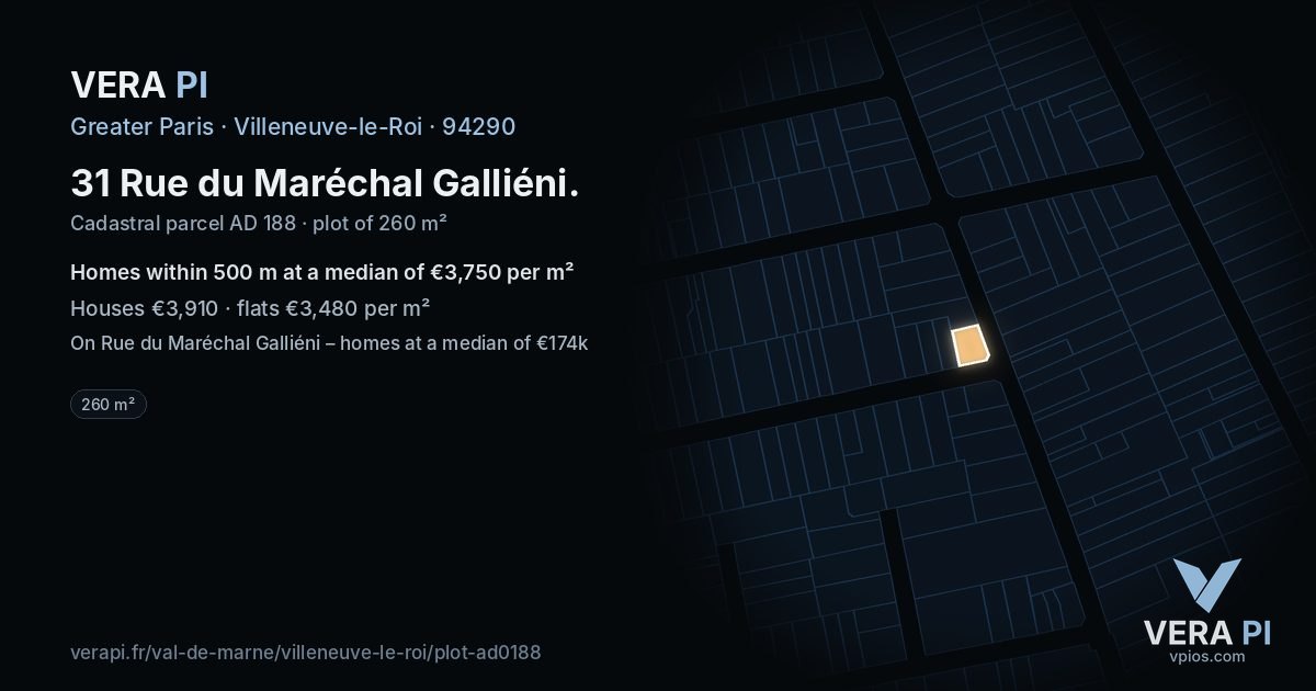 31 Rue du Maréchal Galliéni, Villeneuve-le-Roi at night – the plot lit, the parcels around coloured by the prices near them