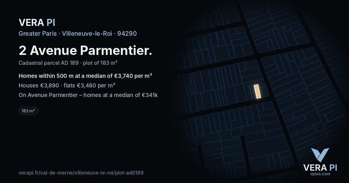 2 Avenue Parmentier, Villeneuve-le-Roi at night – the plot lit, the parcels around coloured by the prices near them