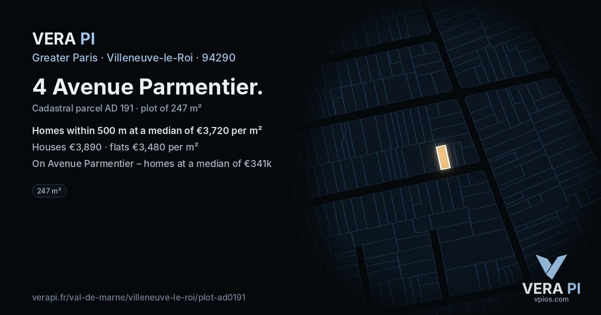 4 Avenue Parmentier, Villeneuve-le-Roi at night – the plot lit, the parcels around coloured by the prices near them
