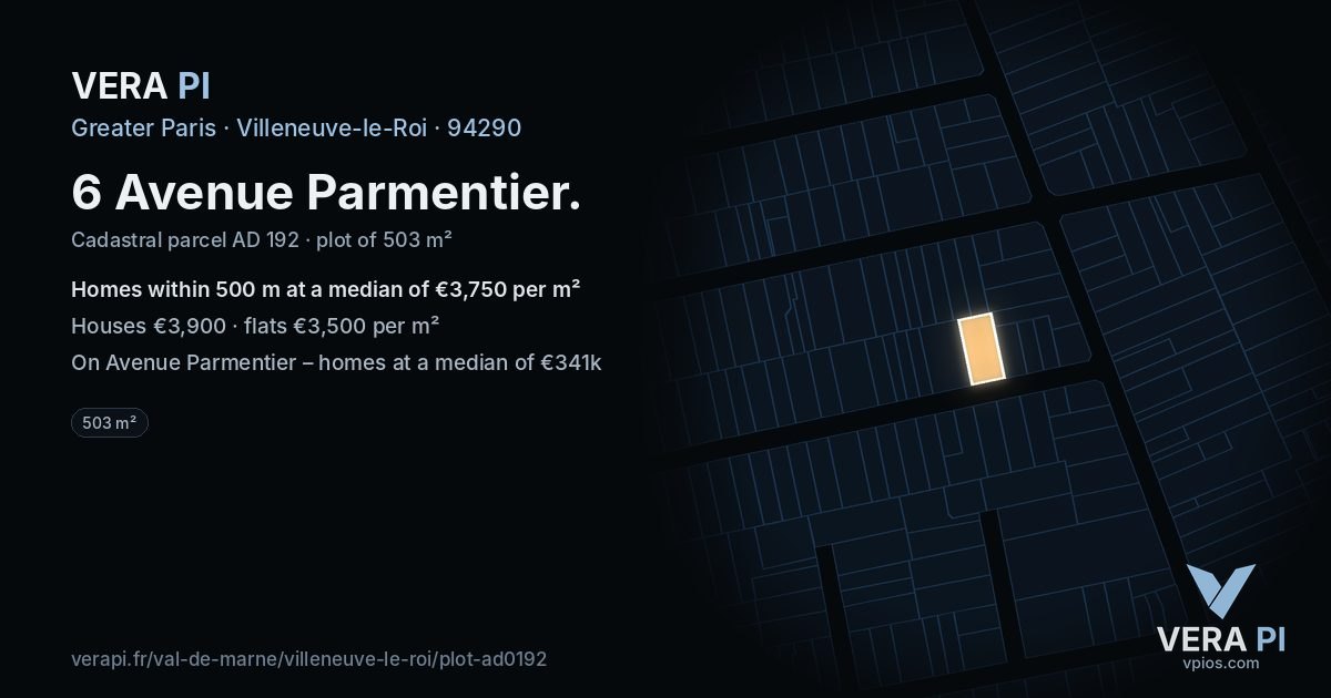 6 Avenue Parmentier, Villeneuve-le-Roi at night – the plot lit, the parcels around coloured by the prices near them
