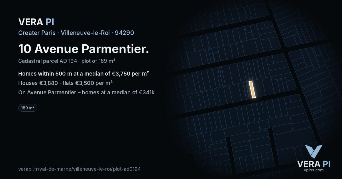 10 Avenue Parmentier, Villeneuve-le-Roi at night – the plot lit, the parcels around coloured by the prices near them