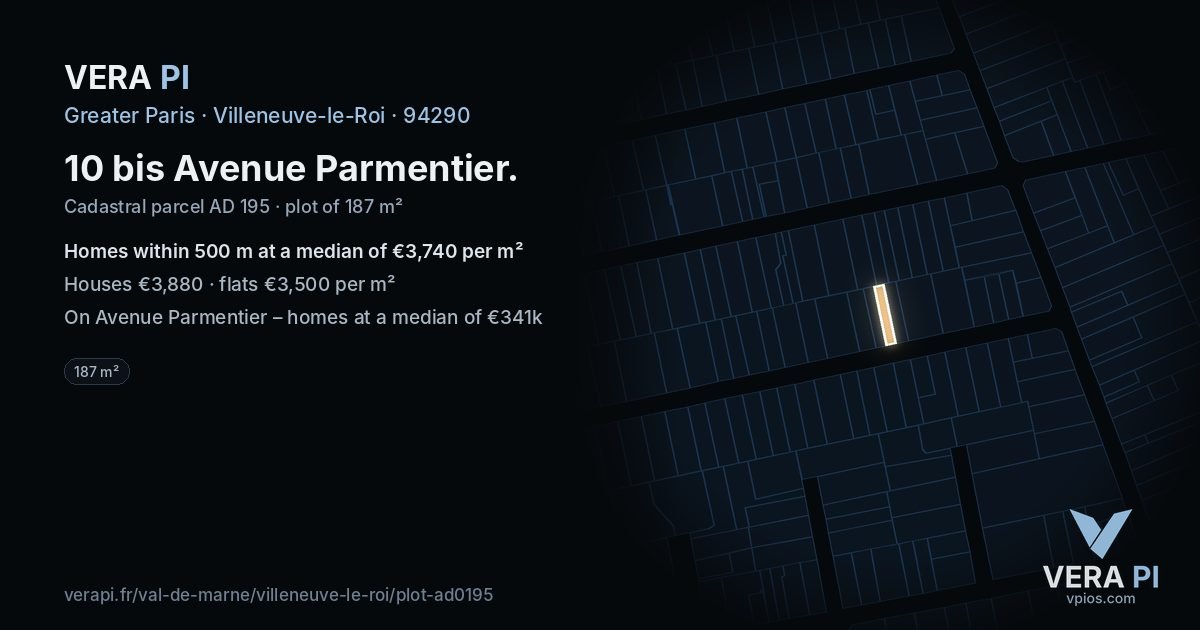 10 bis Avenue Parmentier, Villeneuve-le-Roi at night – the plot lit, the parcels around coloured by the prices near them