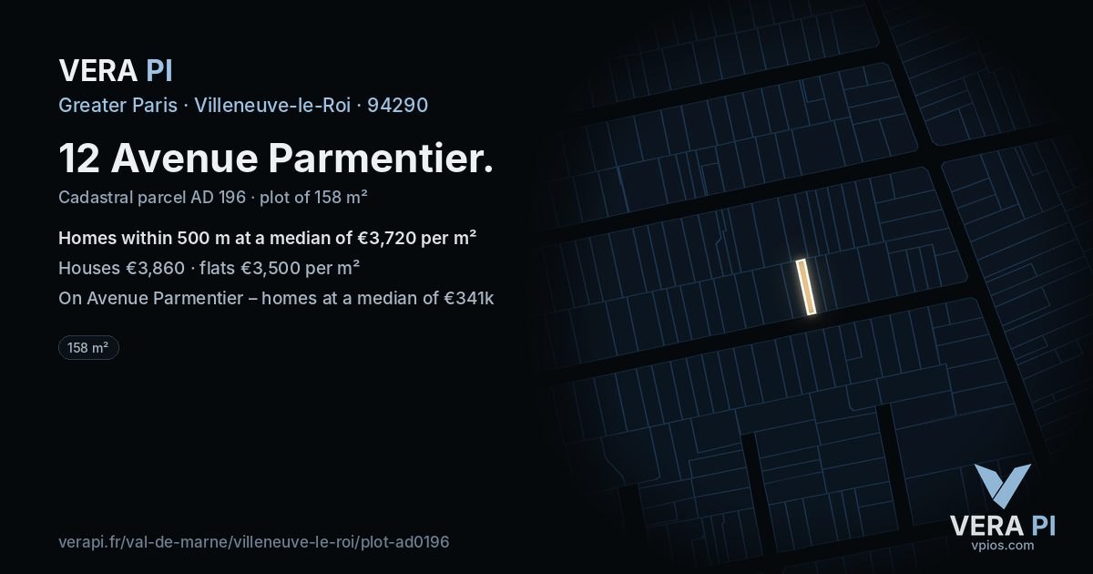 12 Avenue Parmentier, Villeneuve-le-Roi at night – the plot lit, the parcels around coloured by the prices near them