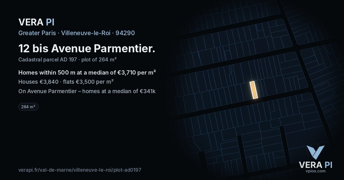 12 bis Avenue Parmentier, Villeneuve-le-Roi at night – the plot lit, the parcels around coloured by the prices near them