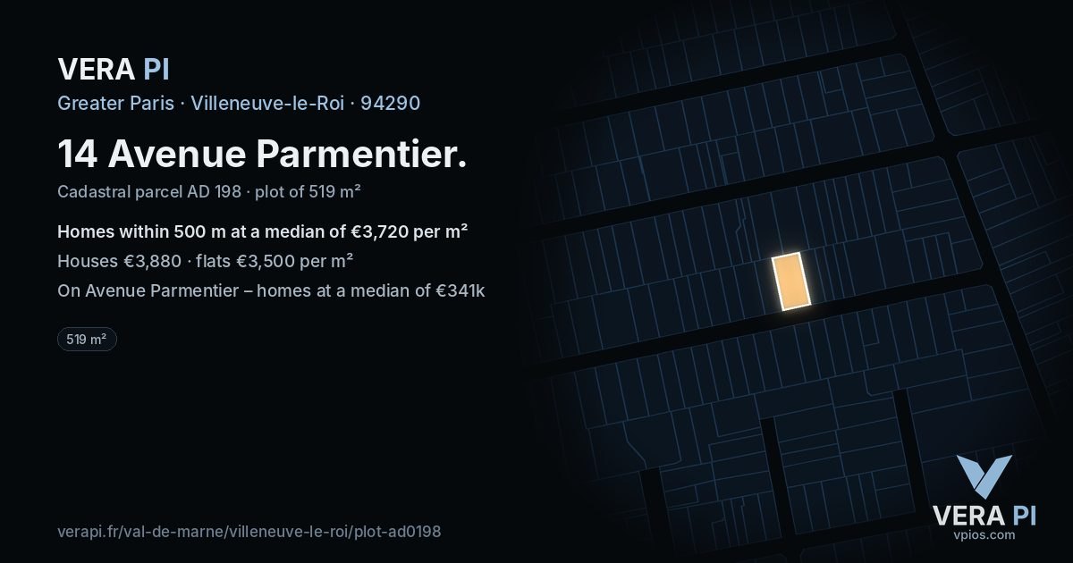 14 Avenue Parmentier, Villeneuve-le-Roi at night – the plot lit, the parcels around coloured by the prices near them
