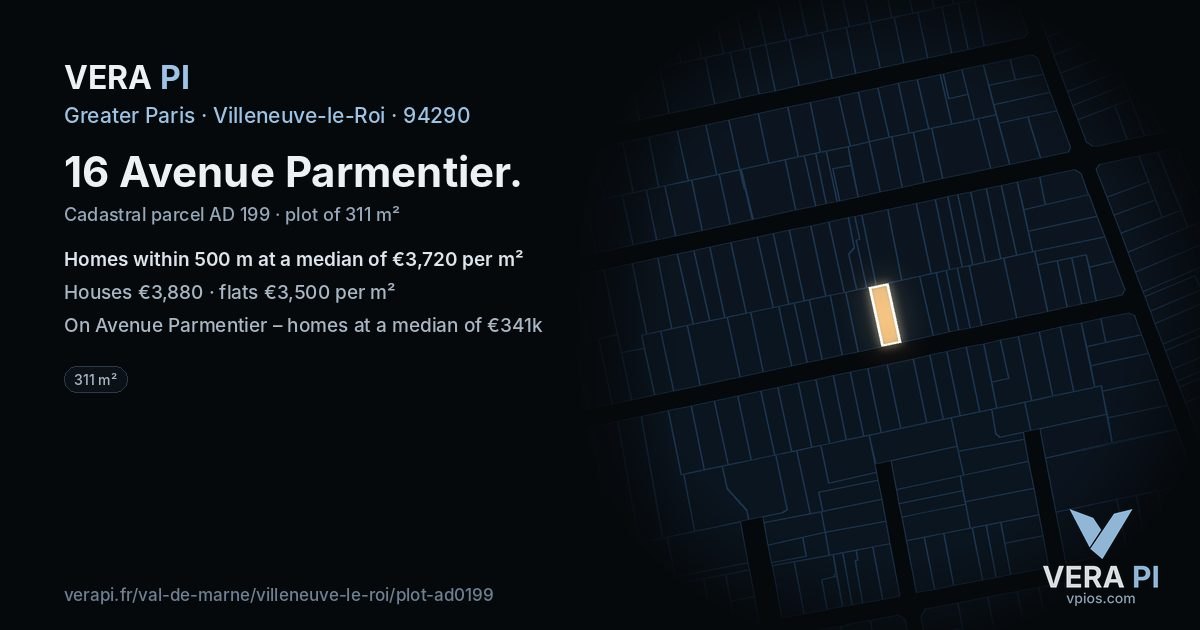 16 Avenue Parmentier, Villeneuve-le-Roi at night – the plot lit, the parcels around coloured by the prices near them