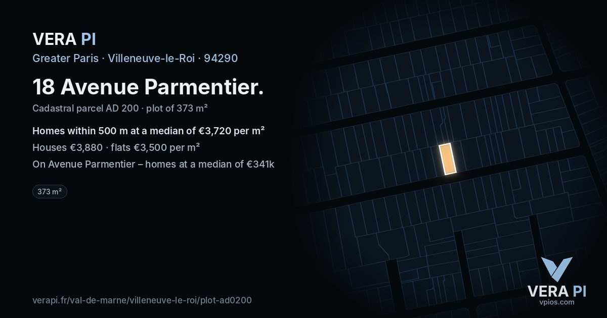 18 Avenue Parmentier, Villeneuve-le-Roi at night – the plot lit, the parcels around coloured by the prices near them