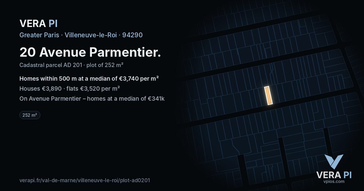 20 Avenue Parmentier, Villeneuve-le-Roi at night – the plot lit, the parcels around coloured by the prices near them