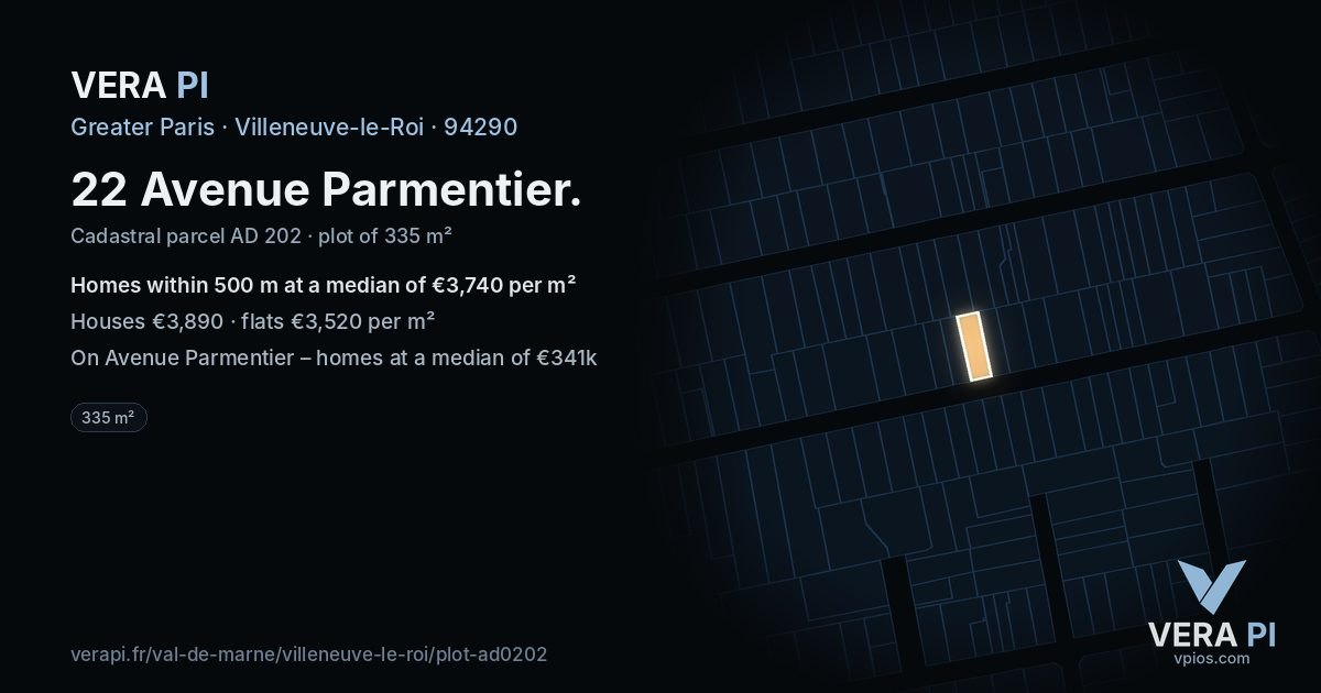 22 Avenue Parmentier, Villeneuve-le-Roi at night – the plot lit, the parcels around coloured by the prices near them