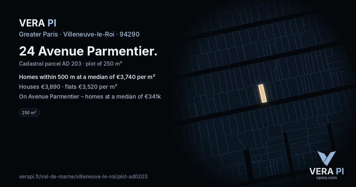 24 Avenue Parmentier, Villeneuve-le-Roi at night – the plot lit, the parcels around coloured by the prices near them