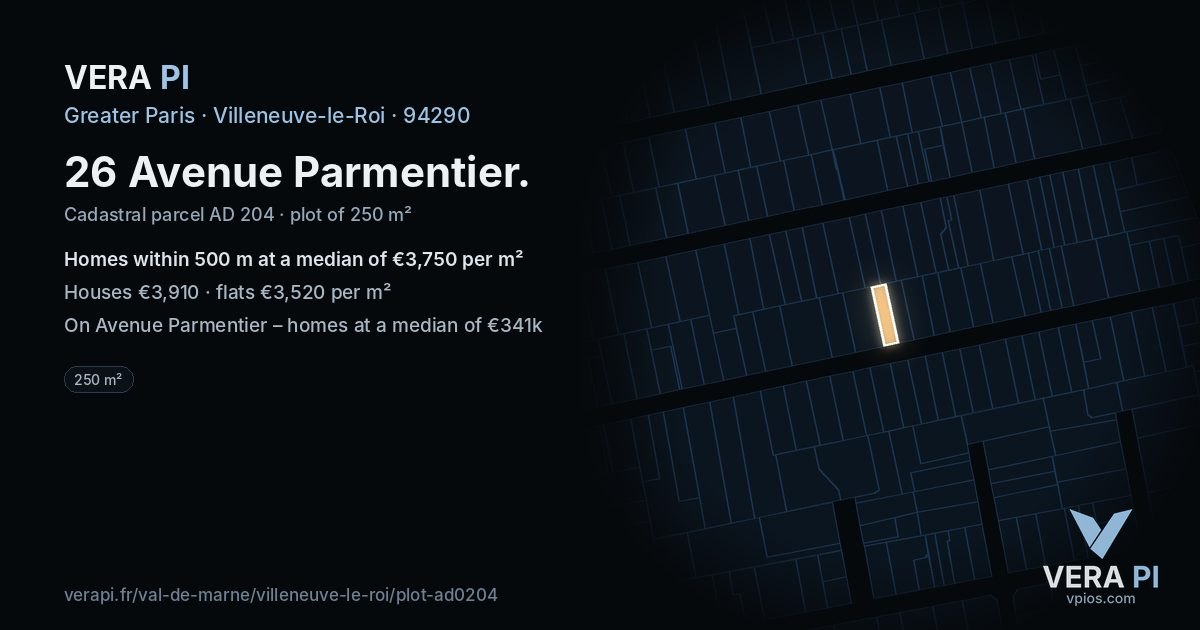 26 Avenue Parmentier, Villeneuve-le-Roi at night – the plot lit, the parcels around coloured by the prices near them