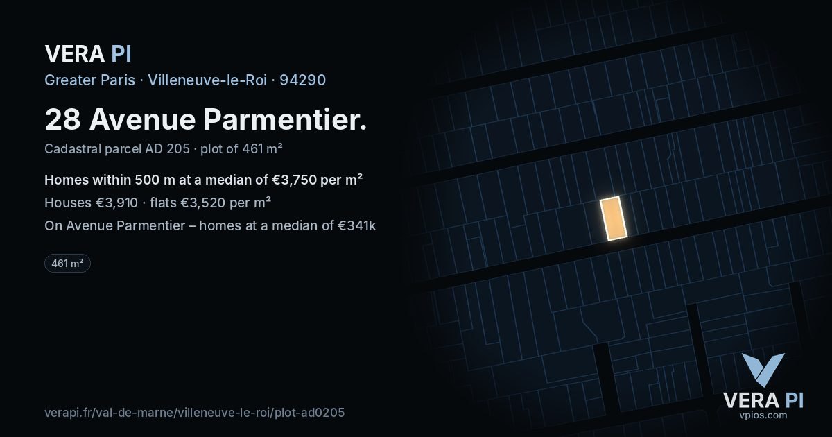 28 Avenue Parmentier, Villeneuve-le-Roi at night – the plot lit, the parcels around coloured by the prices near them