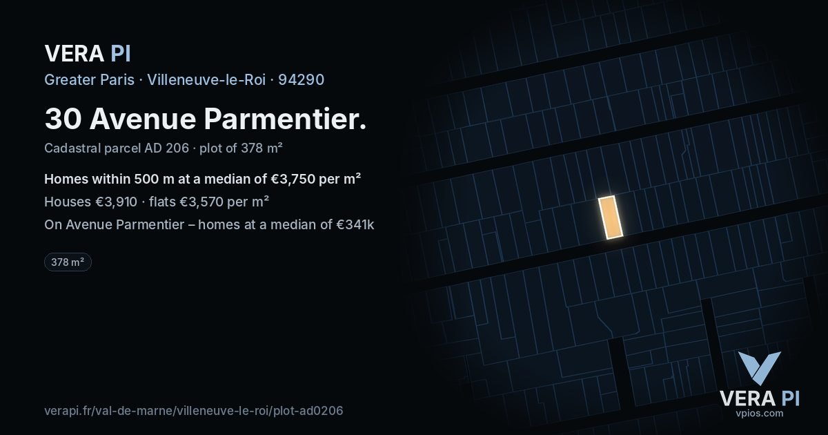 30 Avenue Parmentier, Villeneuve-le-Roi at night – the plot lit, the parcels around coloured by the prices near them
