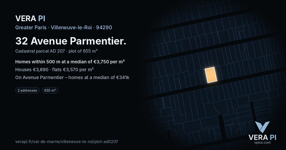 32 Avenue Parmentier, Villeneuve-le-Roi at night – the plot lit, the parcels around coloured by the prices near them