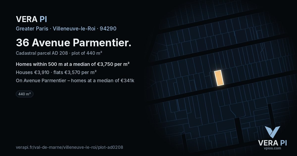 36 Avenue Parmentier, Villeneuve-le-Roi at night – the plot lit, the parcels around coloured by the prices near them
