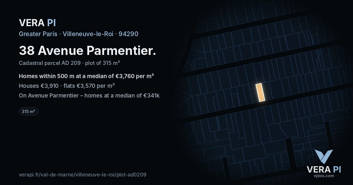 38 Avenue Parmentier, Villeneuve-le-Roi at night – the plot lit, the parcels around coloured by the prices near them