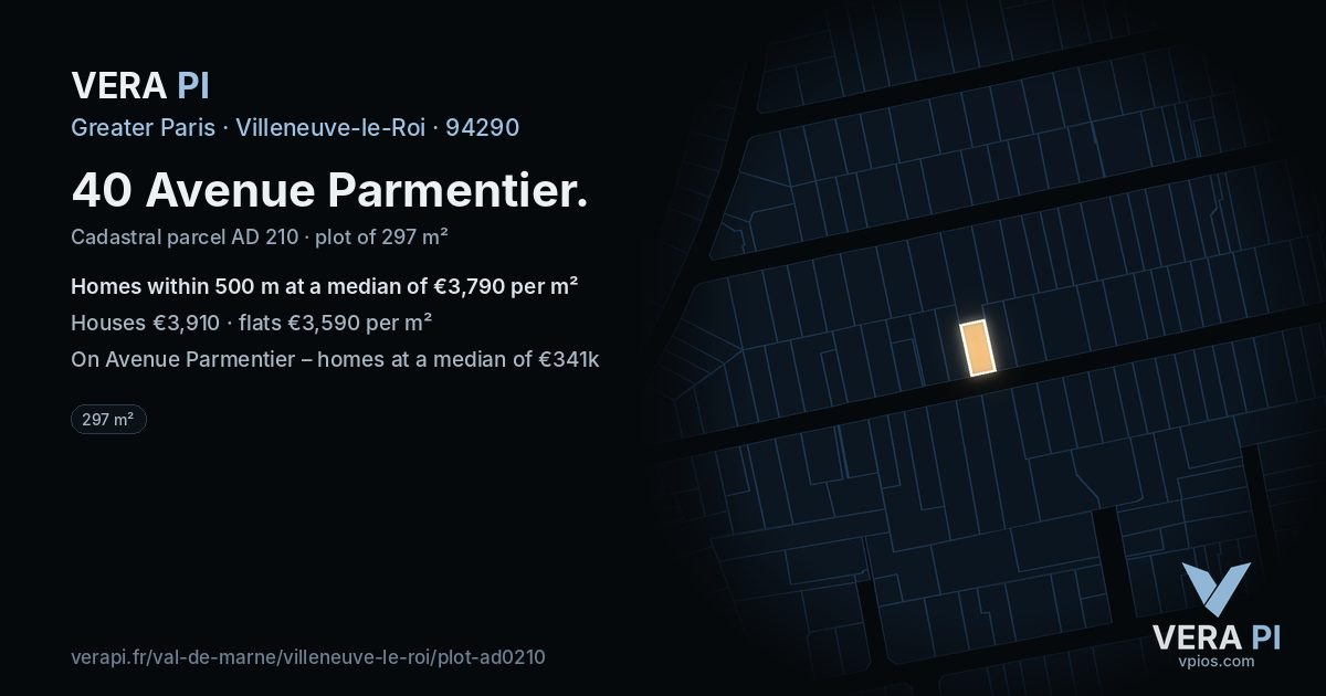 40 Avenue Parmentier, Villeneuve-le-Roi at night – the plot lit, the parcels around coloured by the prices near them
