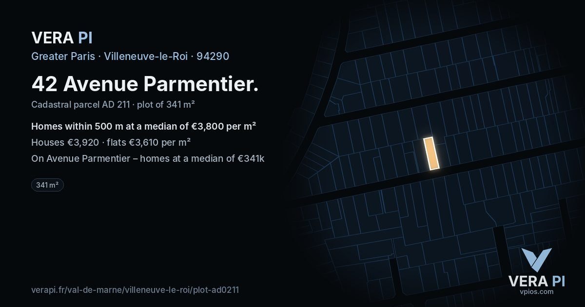 42 Avenue Parmentier, Villeneuve-le-Roi at night – the plot lit, the parcels around coloured by the prices near them