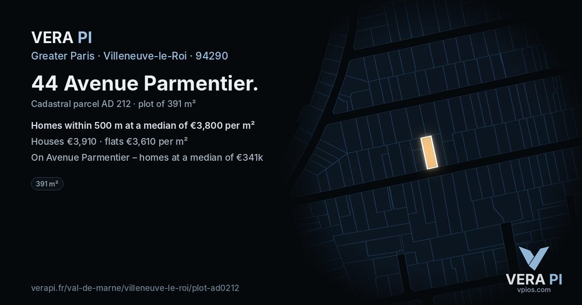 44 Avenue Parmentier, Villeneuve-le-Roi at night – the plot lit, the parcels around coloured by the prices near them