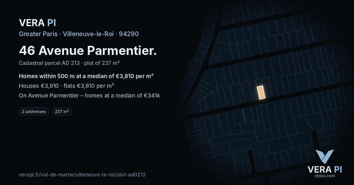 46 Avenue Parmentier, Villeneuve-le-Roi at night – the plot lit, the parcels around coloured by the prices near them
