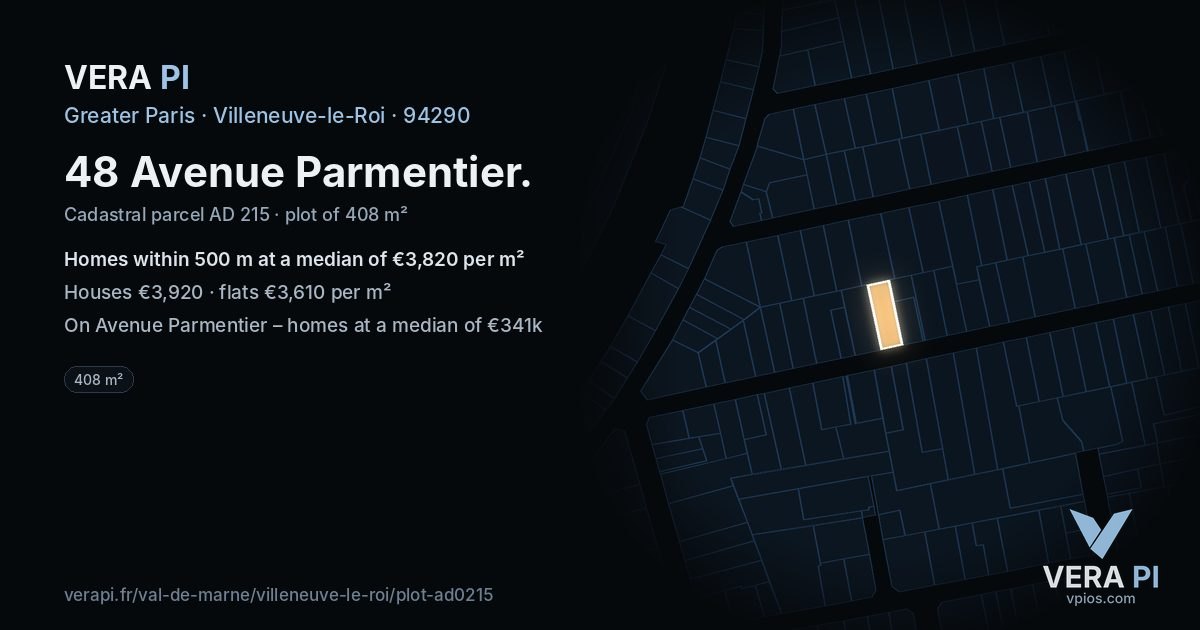 48 Avenue Parmentier, Villeneuve-le-Roi at night – the plot lit, the parcels around coloured by the prices near them