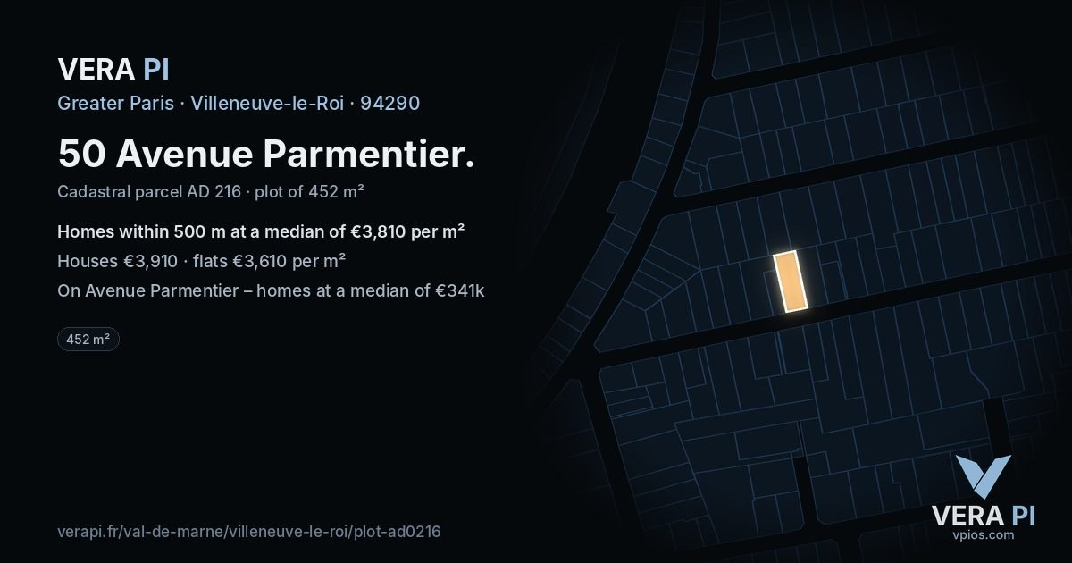 50 Avenue Parmentier, Villeneuve-le-Roi at night – the plot lit, the parcels around coloured by the prices near them
