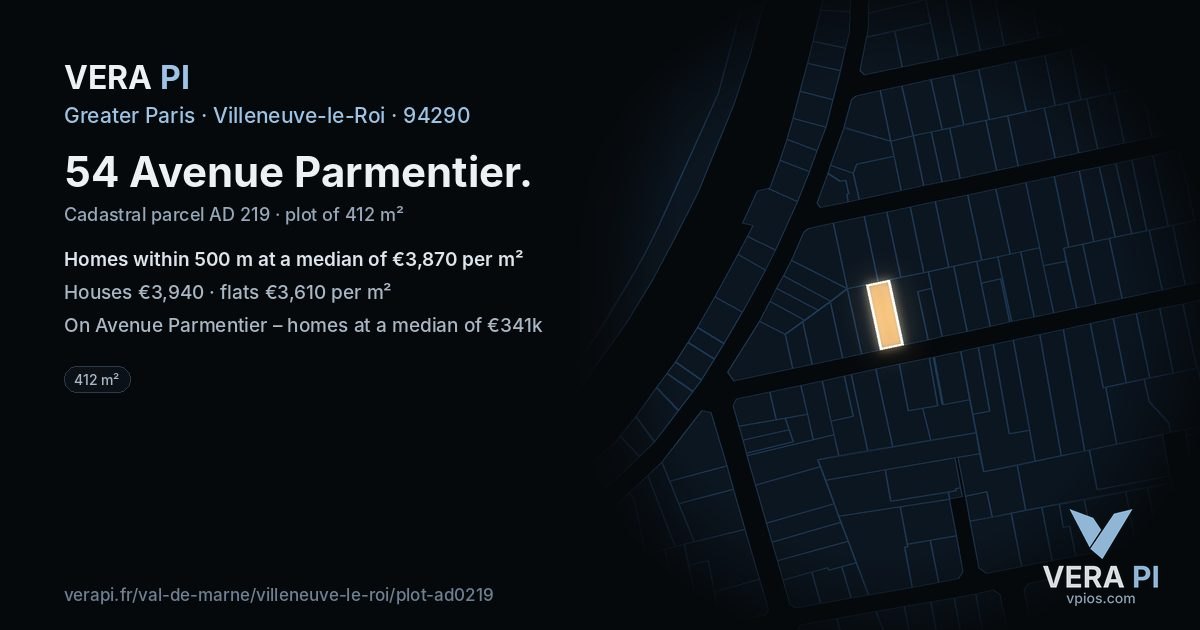 54 Avenue Parmentier, Villeneuve-le-Roi at night – the plot lit, the parcels around coloured by the prices near them