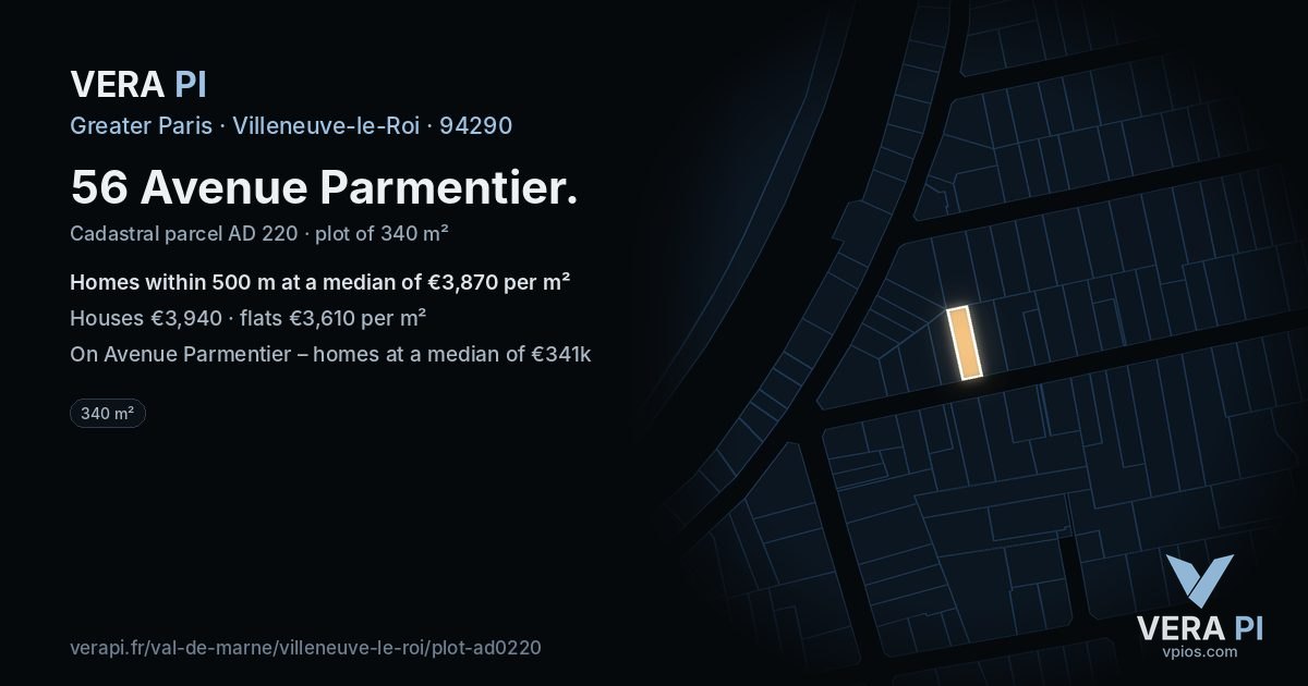 56 Avenue Parmentier, Villeneuve-le-Roi at night – the plot lit, the parcels around coloured by the prices near them