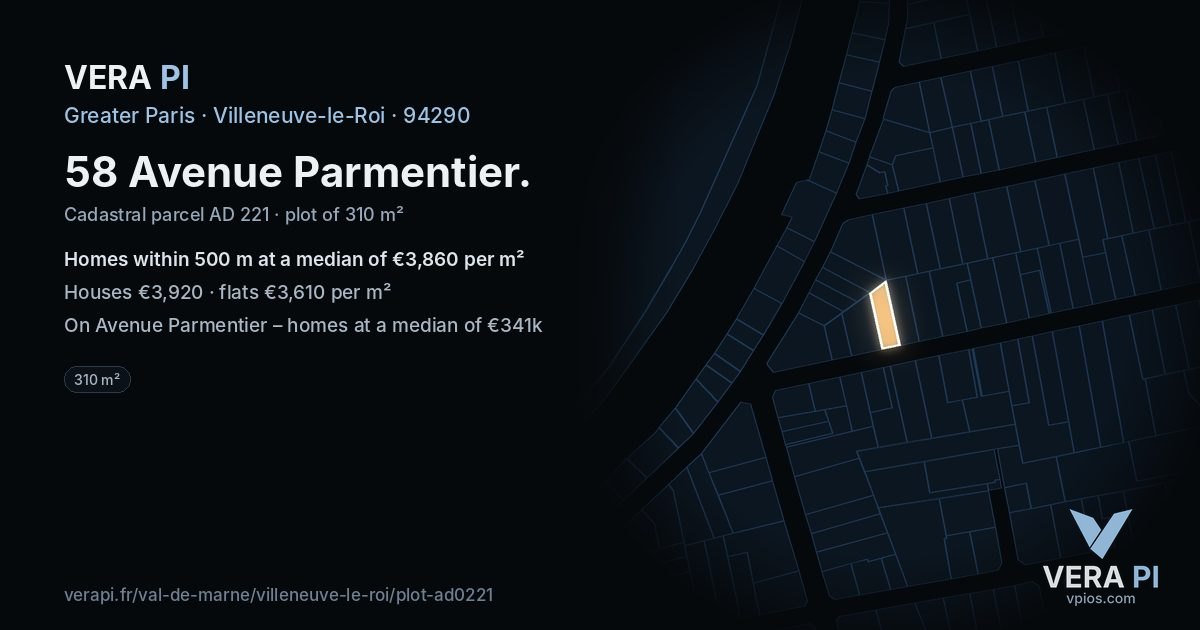 58 Avenue Parmentier, Villeneuve-le-Roi at night – the plot lit, the parcels around coloured by the prices near them