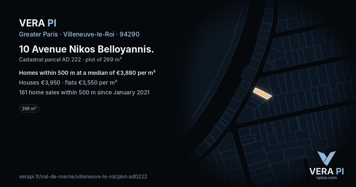 10 Avenue Nikos Belloyannis, Villeneuve-le-Roi at night – the plot lit, the parcels around coloured by the prices near them