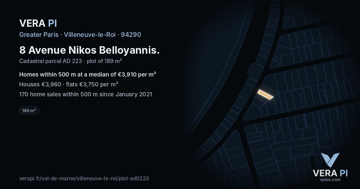 8 Avenue Nikos Belloyannis, Villeneuve-le-Roi at night – the plot lit, the parcels around coloured by the prices near them