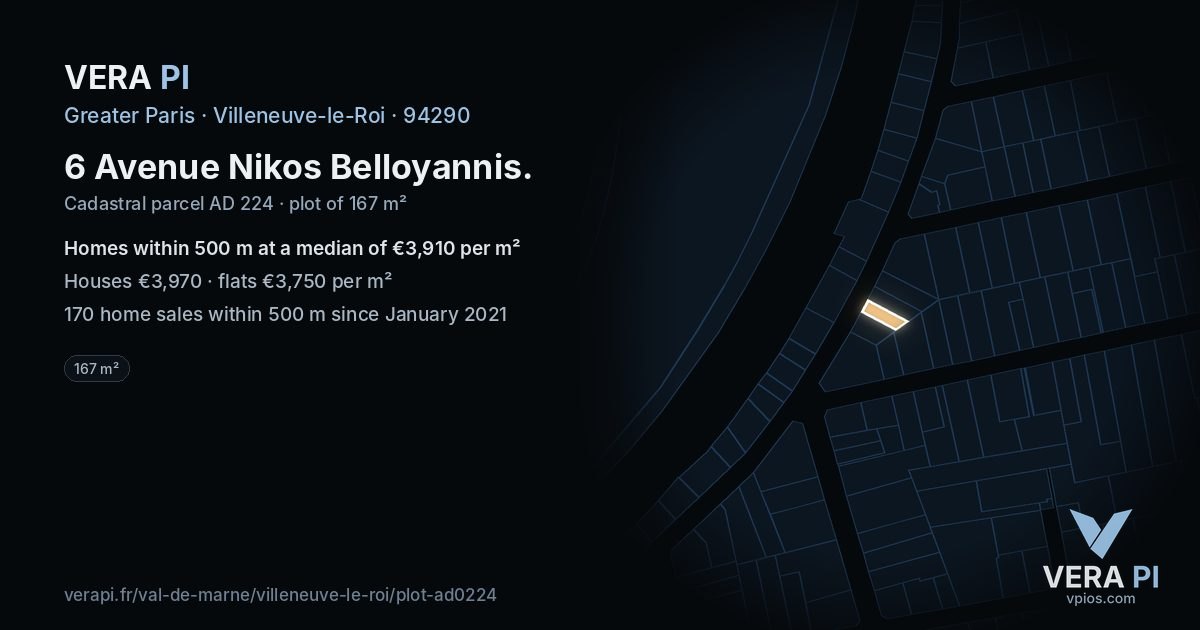 6 Avenue Nikos Belloyannis, Villeneuve-le-Roi at night – the plot lit, the parcels around coloured by the prices near them