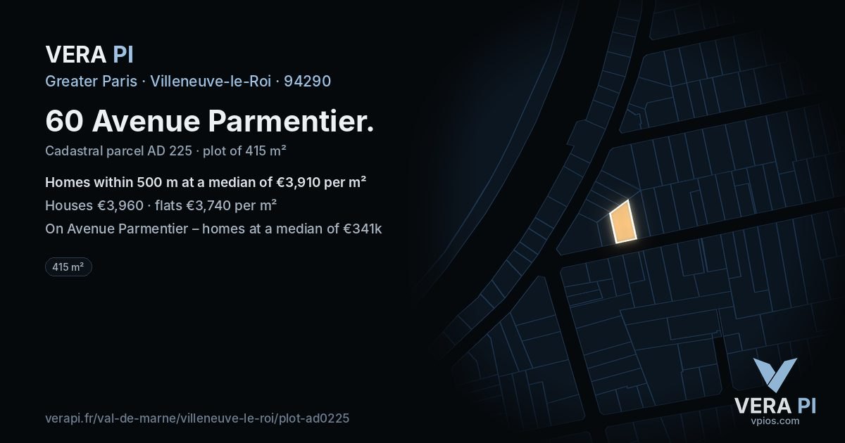 60 Avenue Parmentier, Villeneuve-le-Roi at night – the plot lit, the parcels around coloured by the prices near them