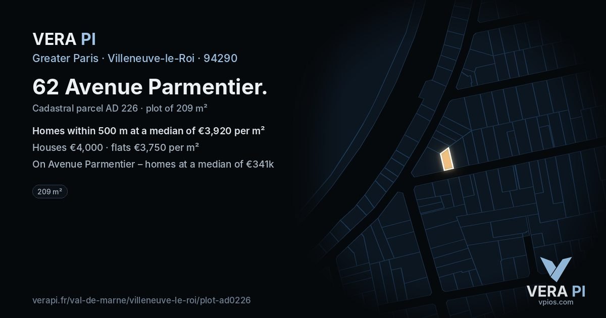 62 Avenue Parmentier, Villeneuve-le-Roi at night – the plot lit, the parcels around coloured by the prices near them