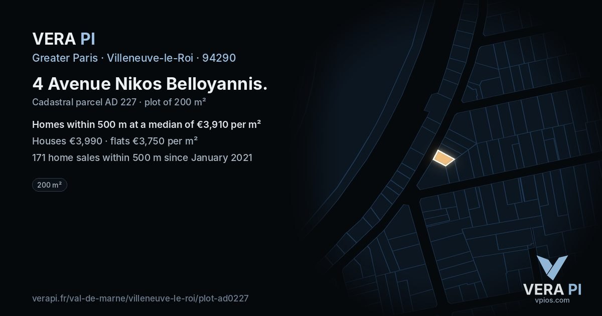 4 Avenue Nikos Belloyannis, Villeneuve-le-Roi at night – the plot lit, the parcels around coloured by the prices near them