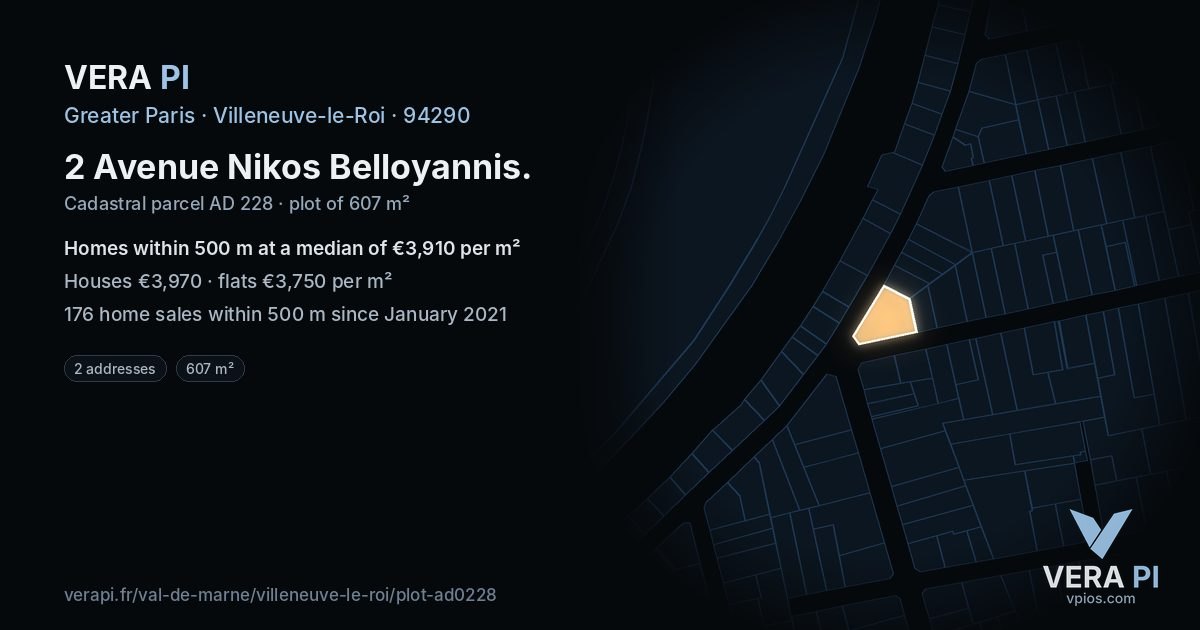 2 Avenue Nikos Belloyannis, Villeneuve-le-Roi at night – the plot lit, the parcels around coloured by the prices near them
