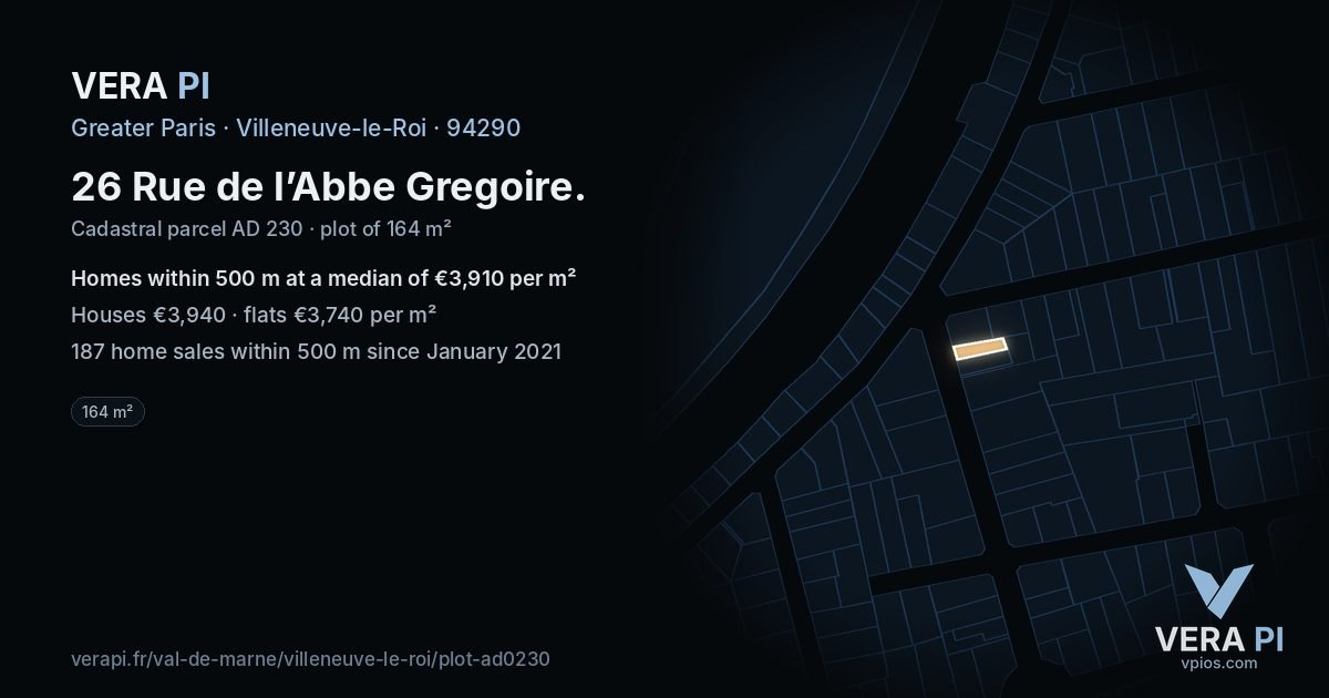 26 Rue de l’Abbe Gregoire, Villeneuve-le-Roi at night – the plot lit, the parcels around coloured by the prices near them