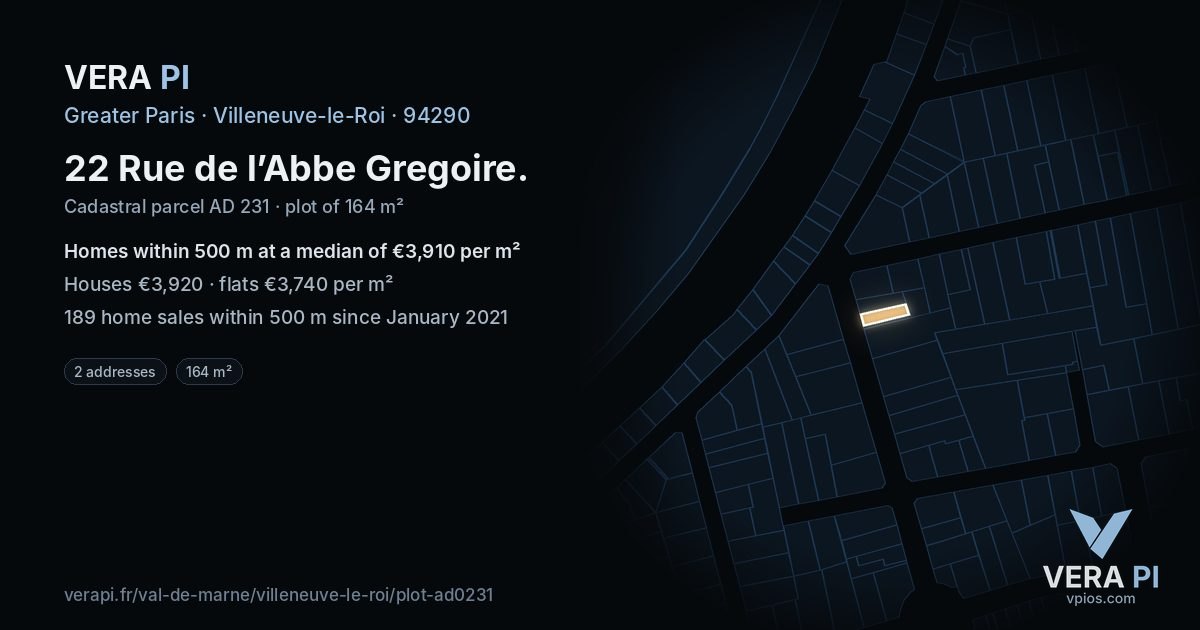 22 Rue de l’Abbe Gregoire, Villeneuve-le-Roi at night – the plot lit, the parcels around coloured by the prices near them