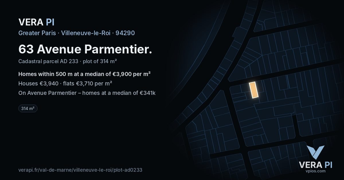 63 Avenue Parmentier, Villeneuve-le-Roi at night – the plot lit, the parcels around coloured by the prices near them
