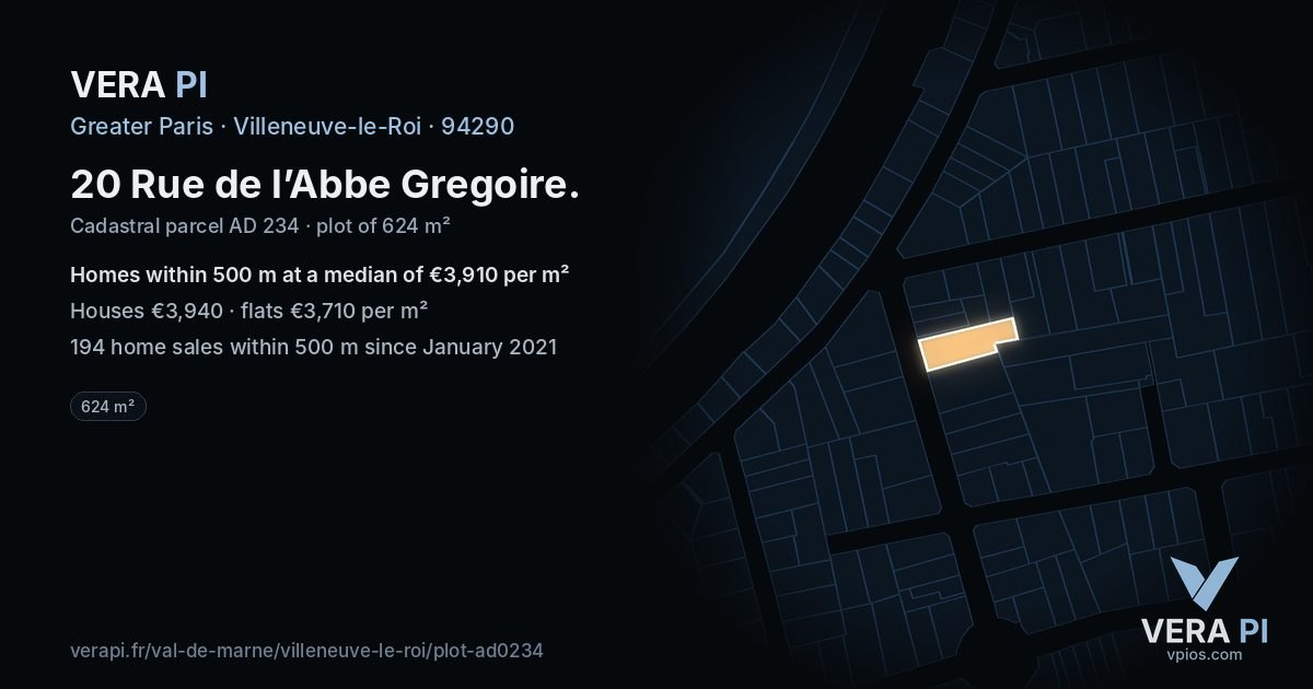20 Rue de l’Abbe Gregoire, Villeneuve-le-Roi at night – the plot lit, the parcels around coloured by the prices near them