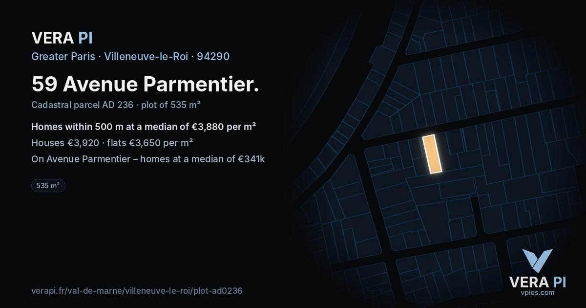 59 Avenue Parmentier, Villeneuve-le-Roi at night – the plot lit, the parcels around coloured by the prices near them