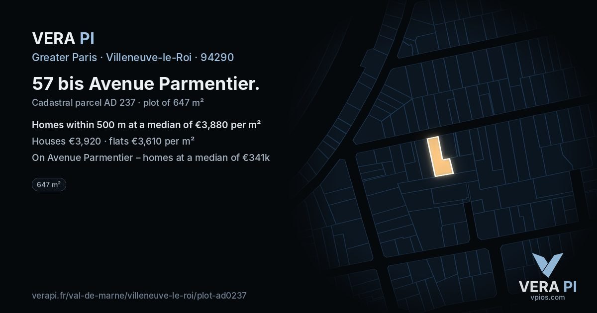 57 bis Avenue Parmentier, Villeneuve-le-Roi at night – the plot lit, the parcels around coloured by the prices near them